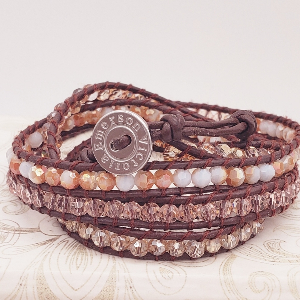Victoria Emerson Leather Crystal Bead brown wrap Bracelet